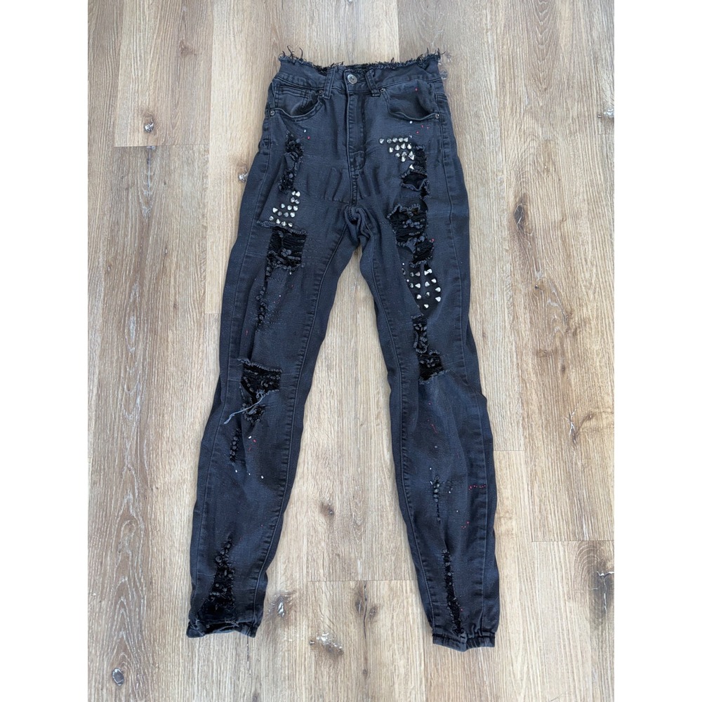 Red Fox Jeans Goth Distressed Studded Skinny Joggers Womens S Black Splatter